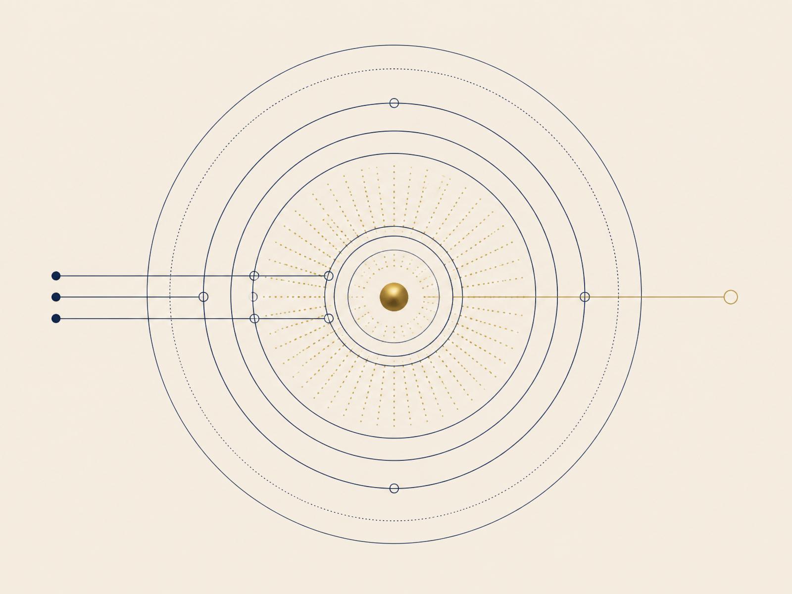 Concentric circles radiating from a small gold center point — a diagrammatic emblem of the Unified Absorption Model
